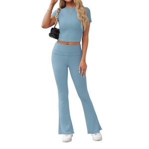 2 Piece Lounge Set Casual Summer Short Sleeve Crop Top Long Fold Over Flare Pant